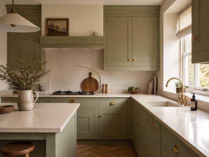 Refinished kitchen units — soft pastel cabinetry