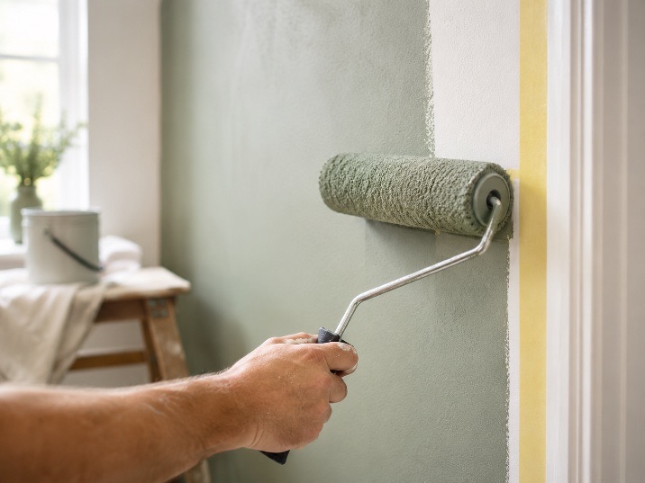 Interior painting in progress — roller on pastel wall